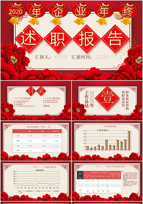 中国红中式中国风红色喜庆年终总结述职报告汇报PPT模板
