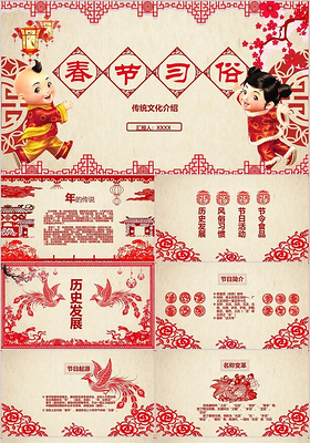 红色中国风剪纸春节传统节日习俗介绍PPT模板春节习俗