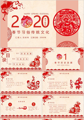 红色喜庆剪纸风2020鼠年新年习俗文化介绍PPT模板春节