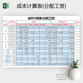 蓝色分配工资成本计算表Excel模板