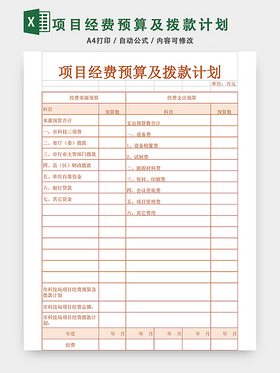 项目经费预算拨款计划表EXCEL模板