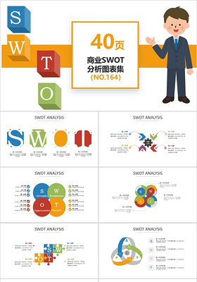 40页卡通商业SWOT分析合集PPT图表模板swot