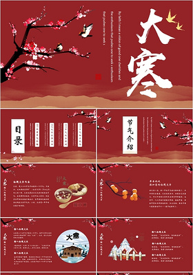 红色中式中国风二十四节气大寒节气宣传介绍PPT模板