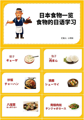 黄色卡通日语教学日本食物一览PPT模板日语教学ppt