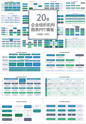 20套蓝绿色组织架构PPT图表合集PPT模板宣传PPT动态组织架构图表